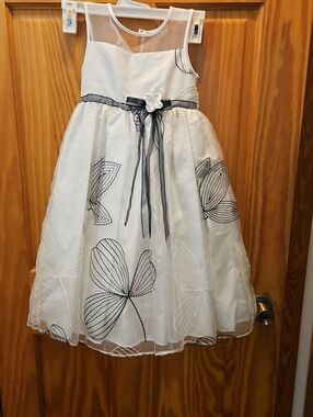 Girls White Floral Organza Party Dress with Black Accents